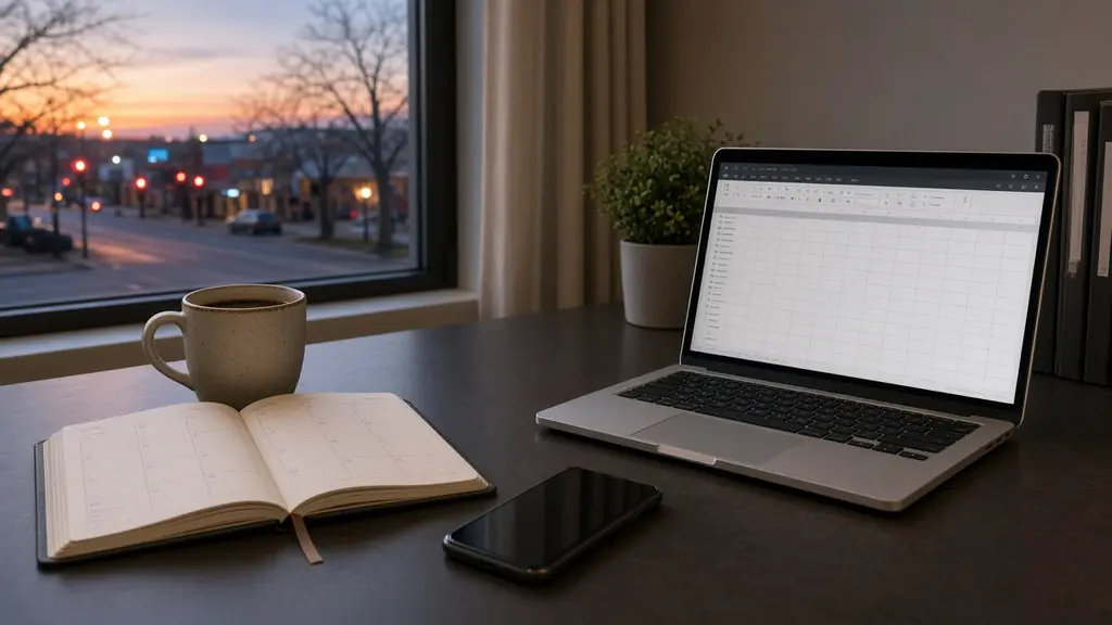 A small business desk with a paper planner, phone, coffee and a laptop showing a spreadsheet, a town street at dusk outside the window