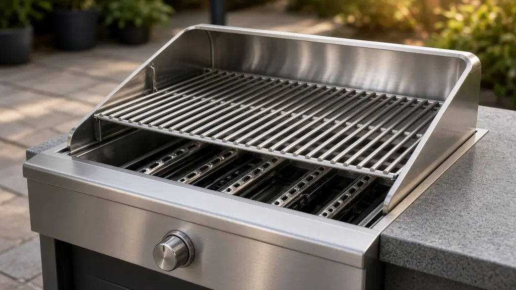 A freshly cleaned stainless steel built-in gas grill on a patio