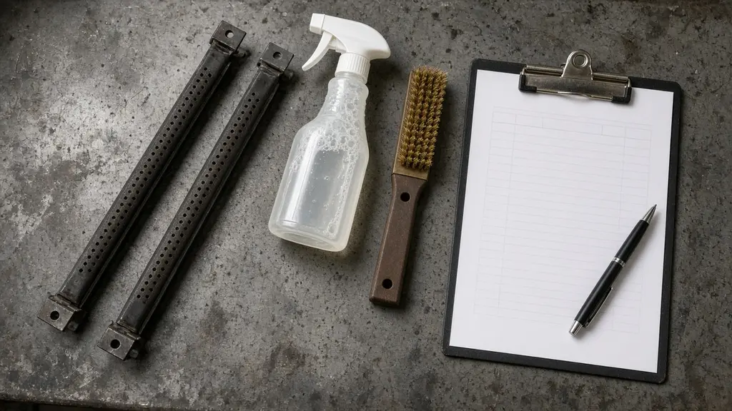 Grill burner tubes, soapy water spray bottle and an inspection checklist on a workbench