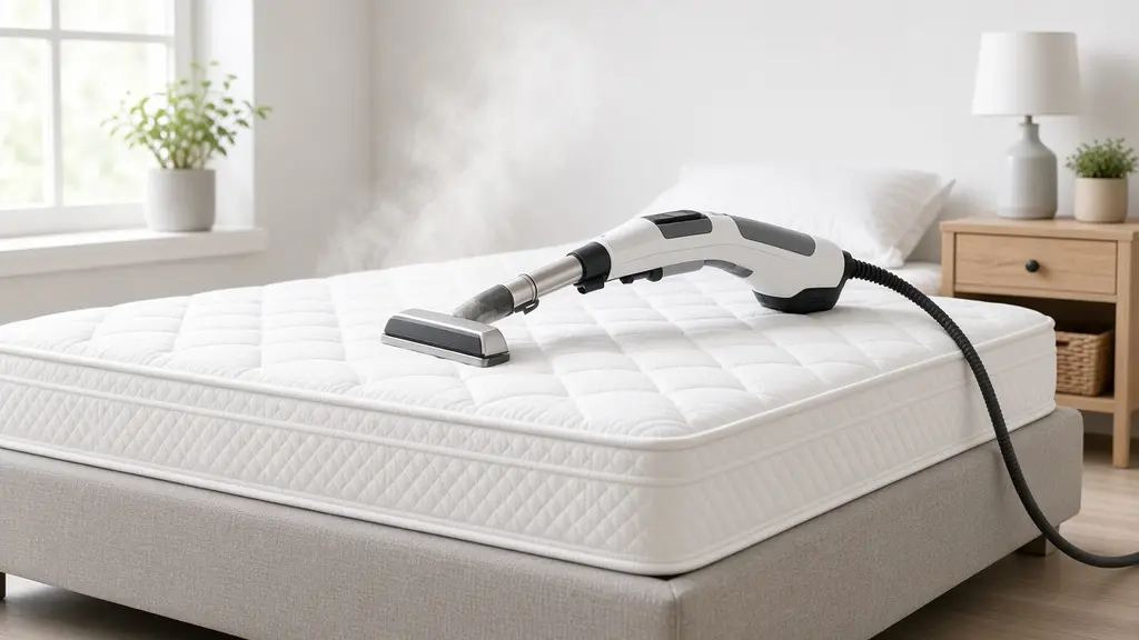 A white mattress surface with a gentle plume of vapor