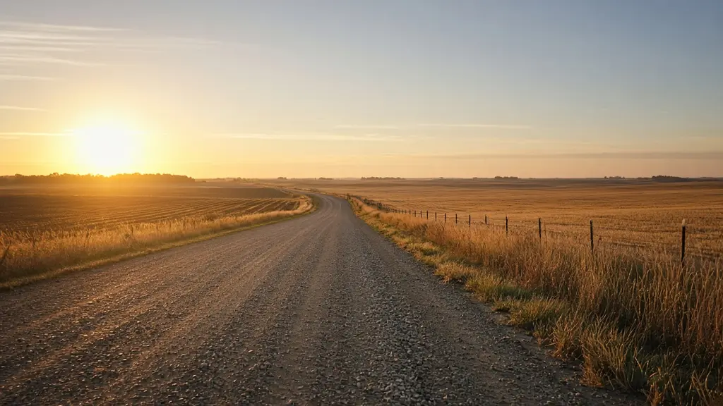 An empty gravel country road through Nebraska farmland at sunrise with long shadows and mist over the fields