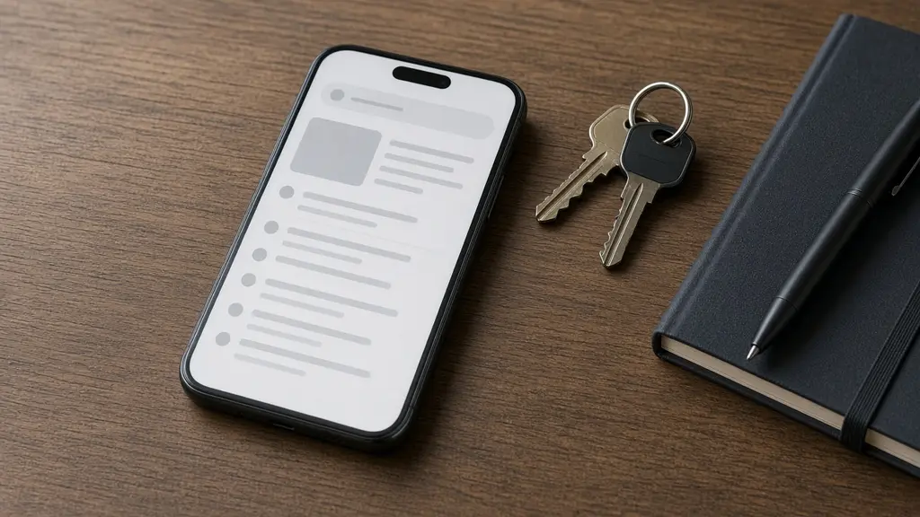 A hand holding a smartphone with blurred search results